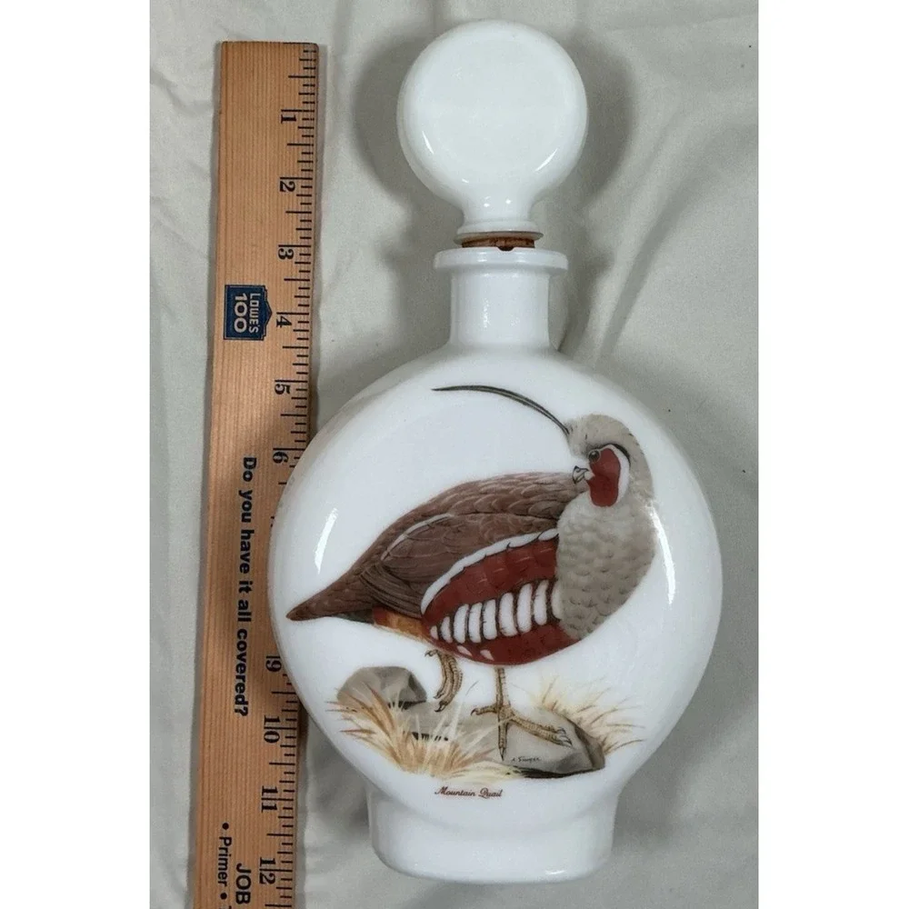 Field Birds Mountain Quail Milk Glass Whiskey Decanter Hand Painted By A. Singer